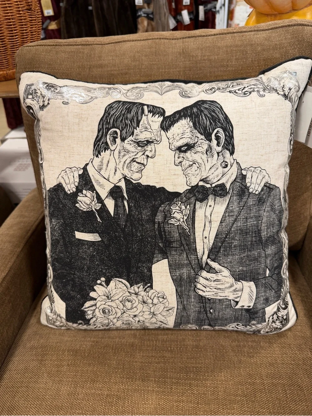 Frankenstein Grooms Decorative Throw Pillow - Black on Cream